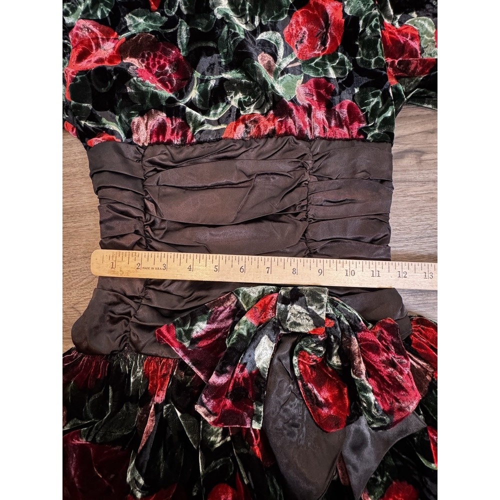 Vintage 1980s Party Dress M Black Red Velvet Floral Glam USA Puff Sleeve Bow - Picture 9 of 16